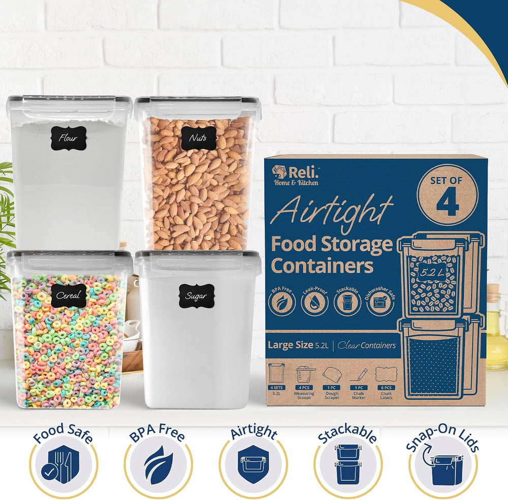 Reli. 5.2L Airtight Food Storage Containers with Lids (4 Sets) | Kitchen Orga...