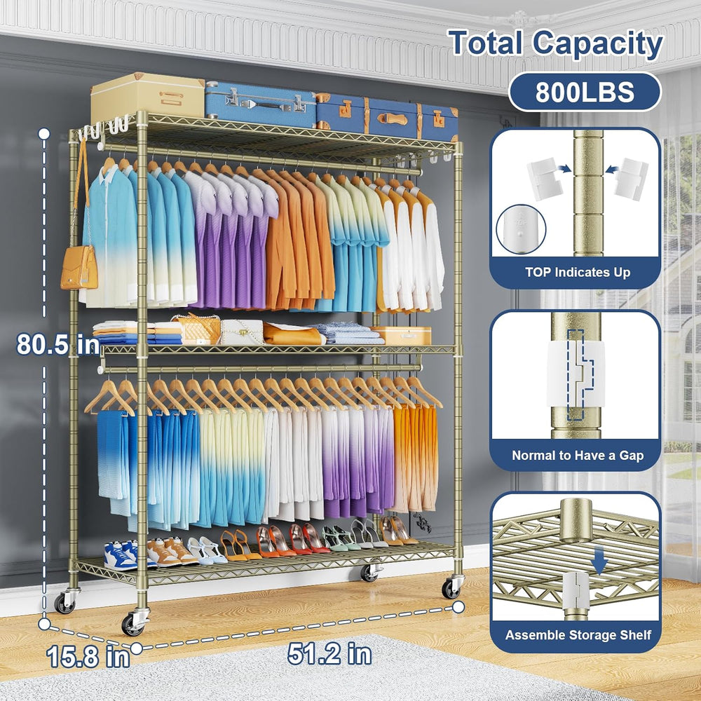 ULIFHOME P8 Max Heavy Duty Clothes Rack（With Extended Width Design） Rolling C...