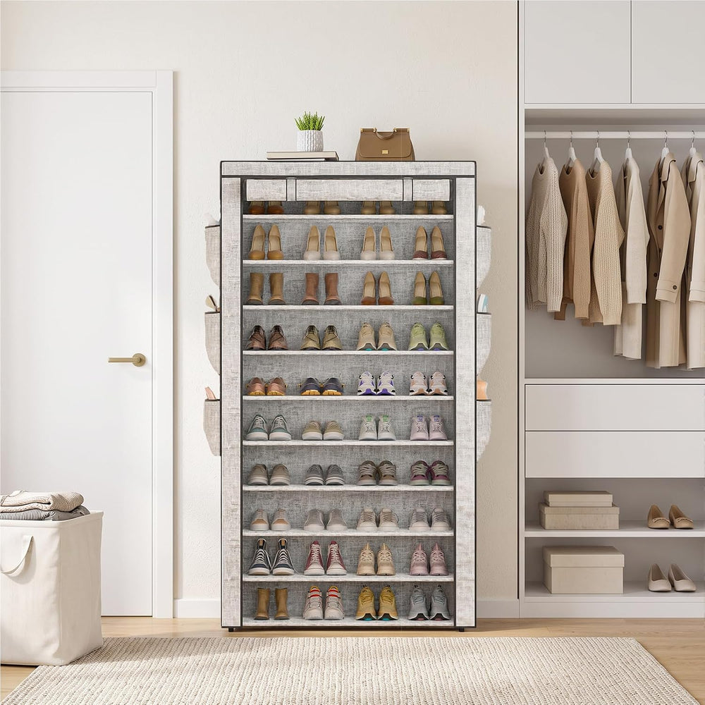 Shoe Rack Dustproof Sturdy 10Tier Tall Large Storage with Side Pocket