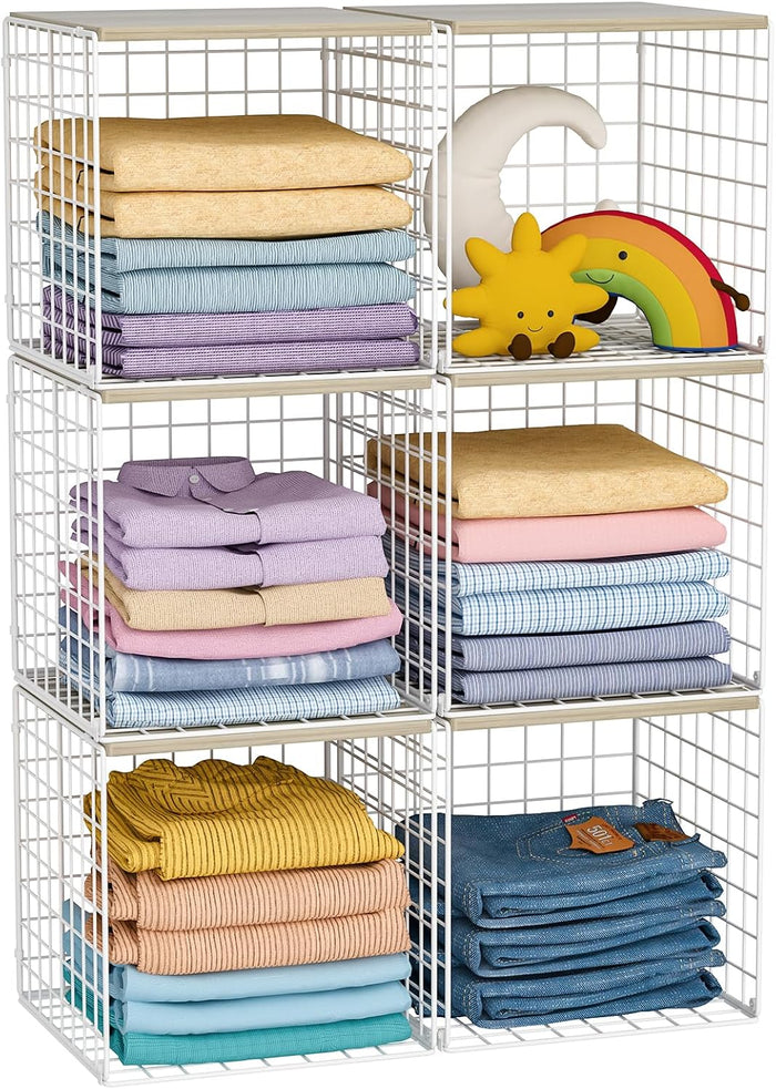 Hencawima 6 Pack Stackable Closet Organizer, Closet Organizers and Storage Shelves with Wood Tops, Metal Storage Bins for Closet Shelves, Sweater and Clothing Storage for Wardrobe, White