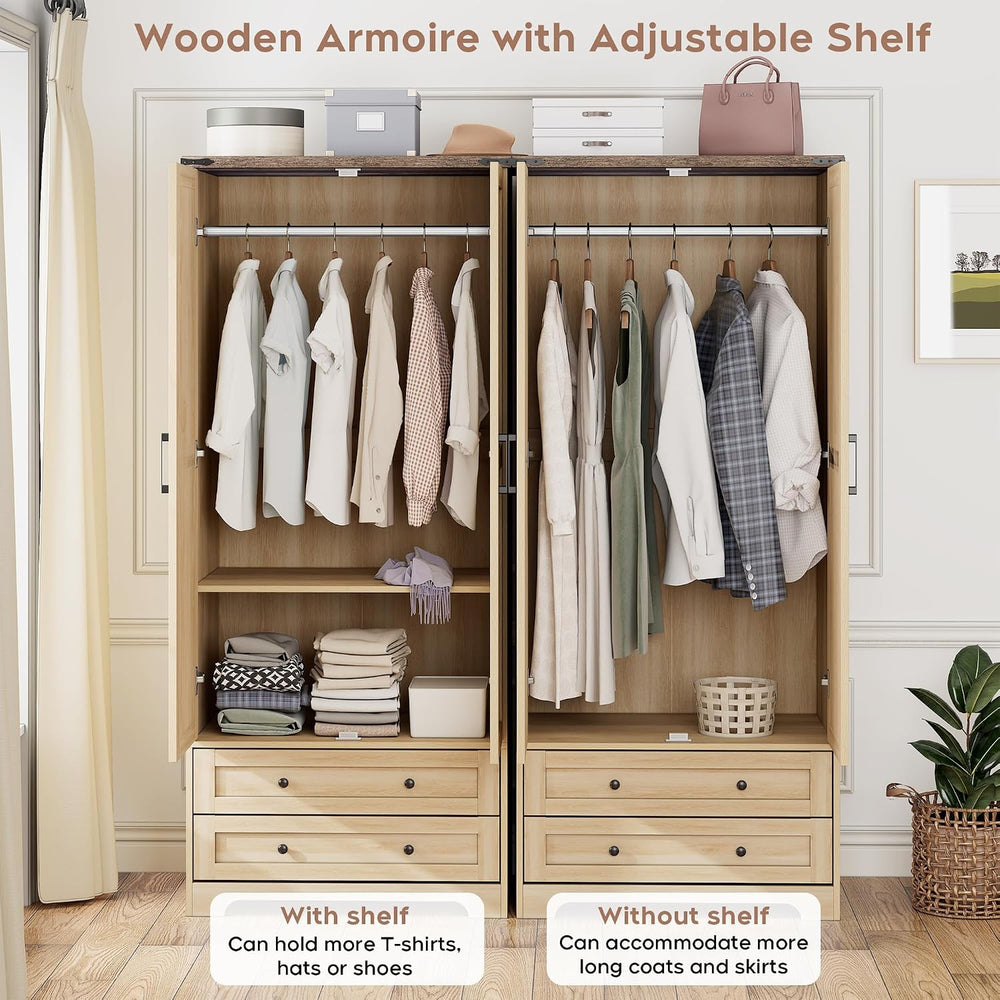 Brafab Wooden Armoire Wardrobe Closet with Drawers, Natural, Set of 2