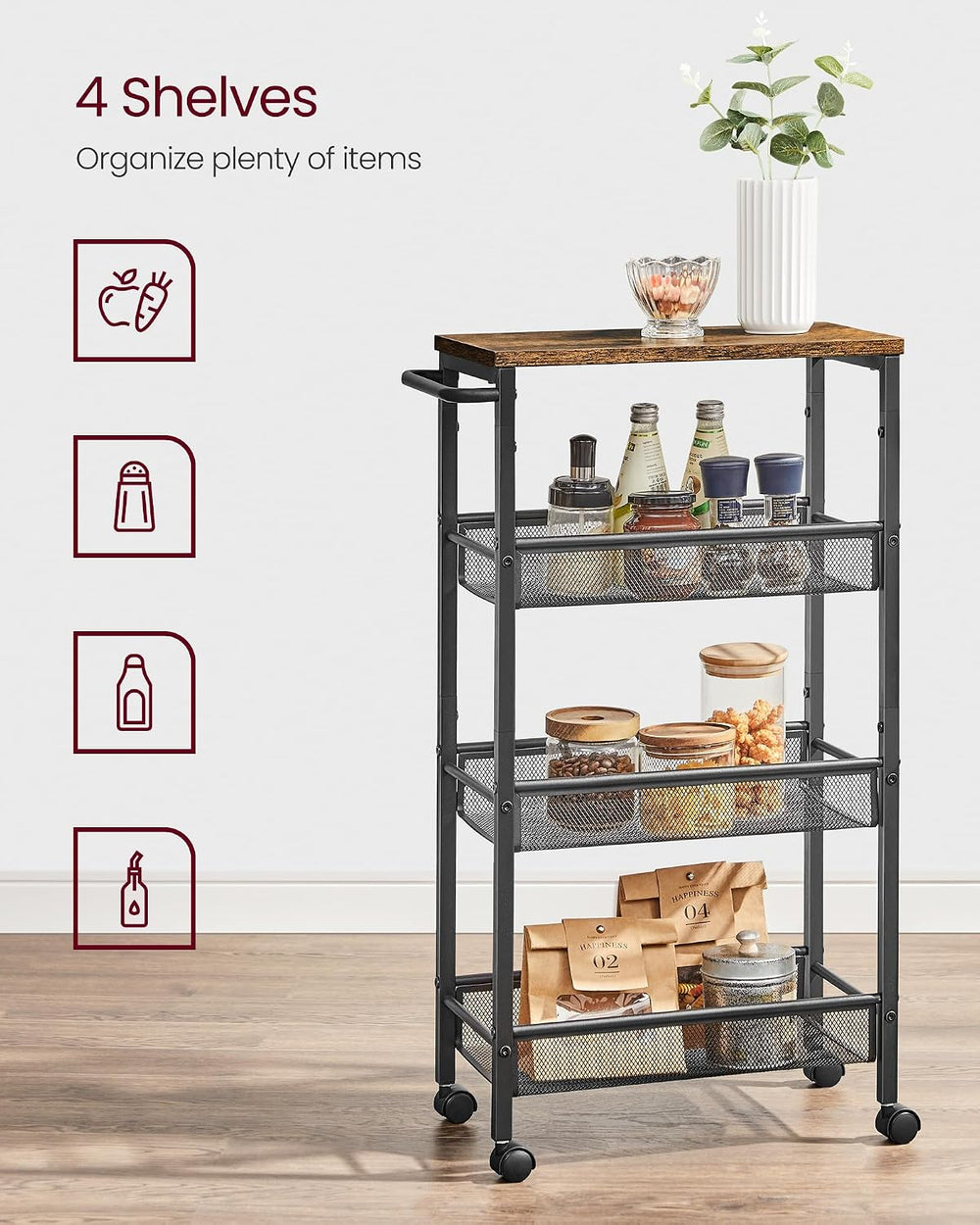 VASAGLE 4-Tier Slim Rolling Storage cart with Wheels, 8.7 Inches, Metal