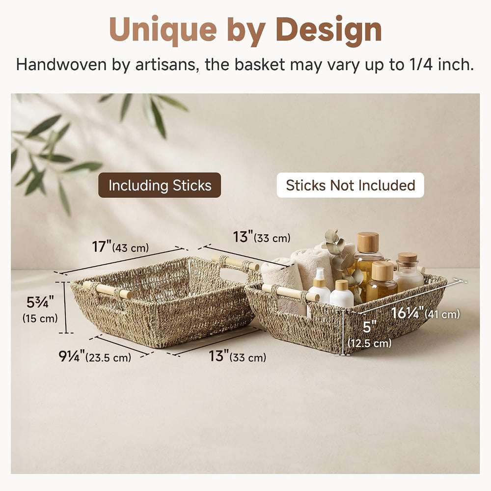 StorageWorks Hand-Woven Jumbo Storage Baskets with Wooden Handles, Seagrass W...