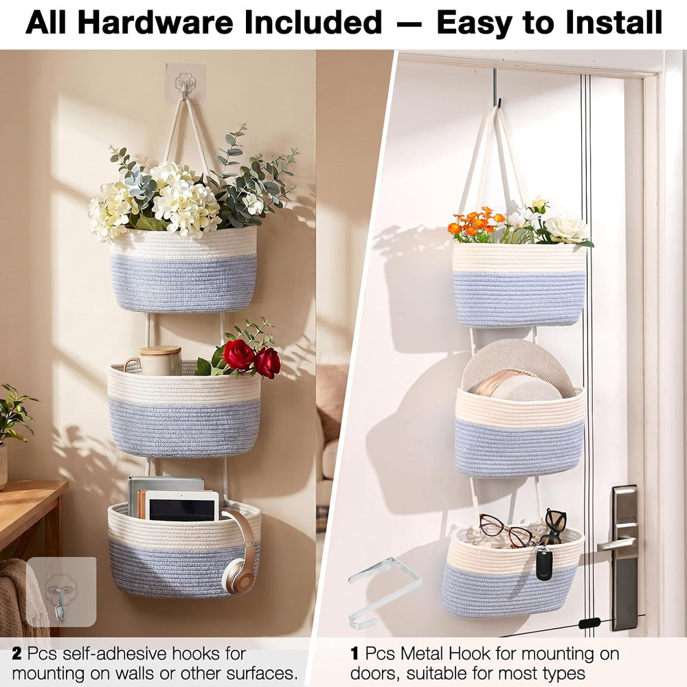 Hanging Baskets for Organizing 3-Tier Basket Light Blue & Off White
