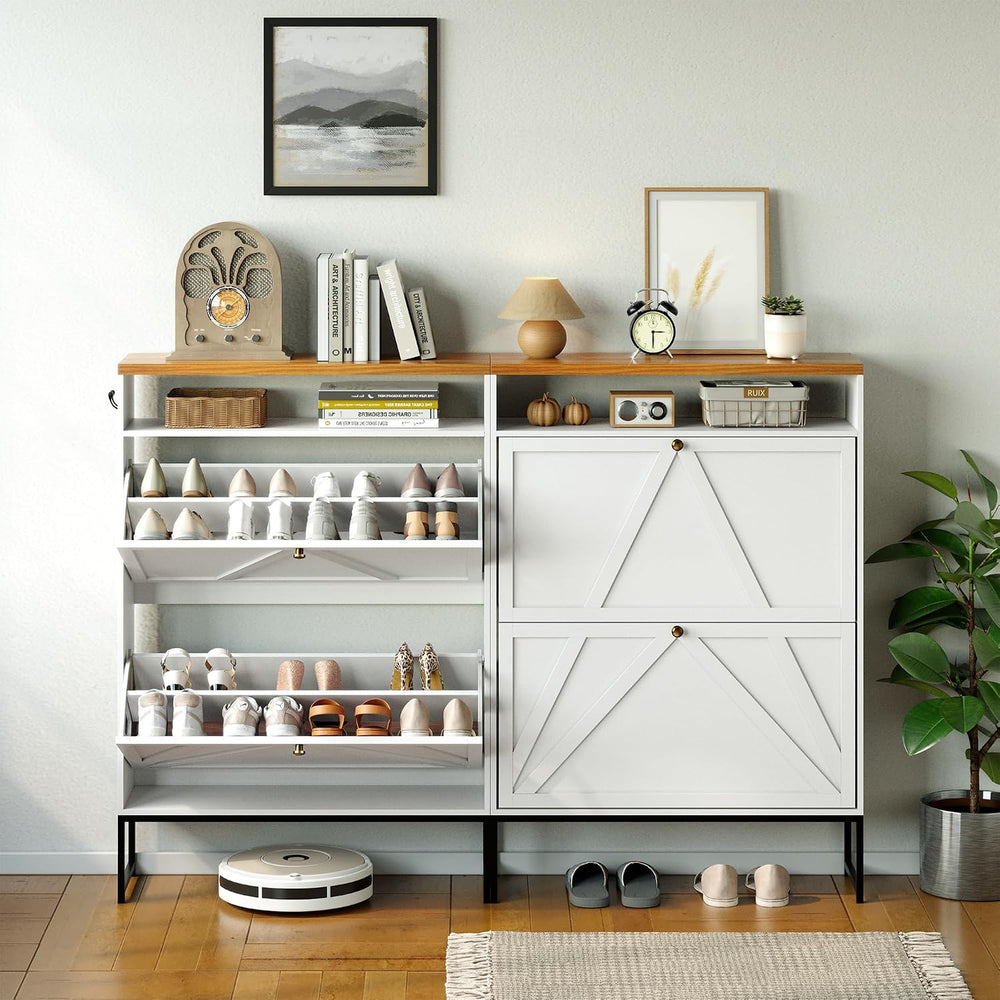 Shoe Storage Cabinet with 2 Flip-Up Doors, Freestanding Hidden Shoe Storage O...