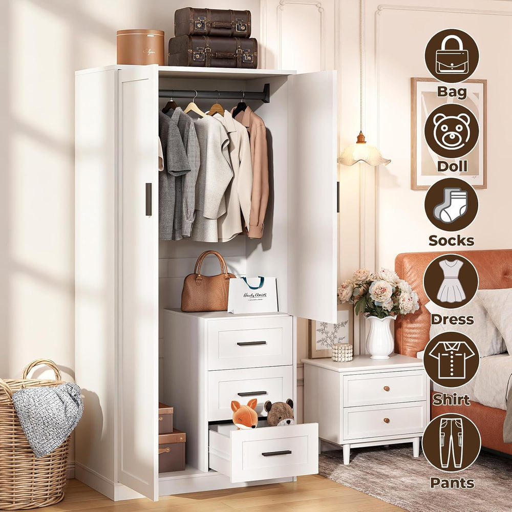 Wardrobe Closet with Doors, Bedroom Armoire with 3 Drawers and Hanging Rod