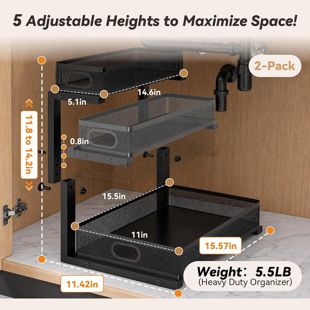3-Tier Under Sink Organizer 2-Pack Organization for Bathroom Kitchen,Black