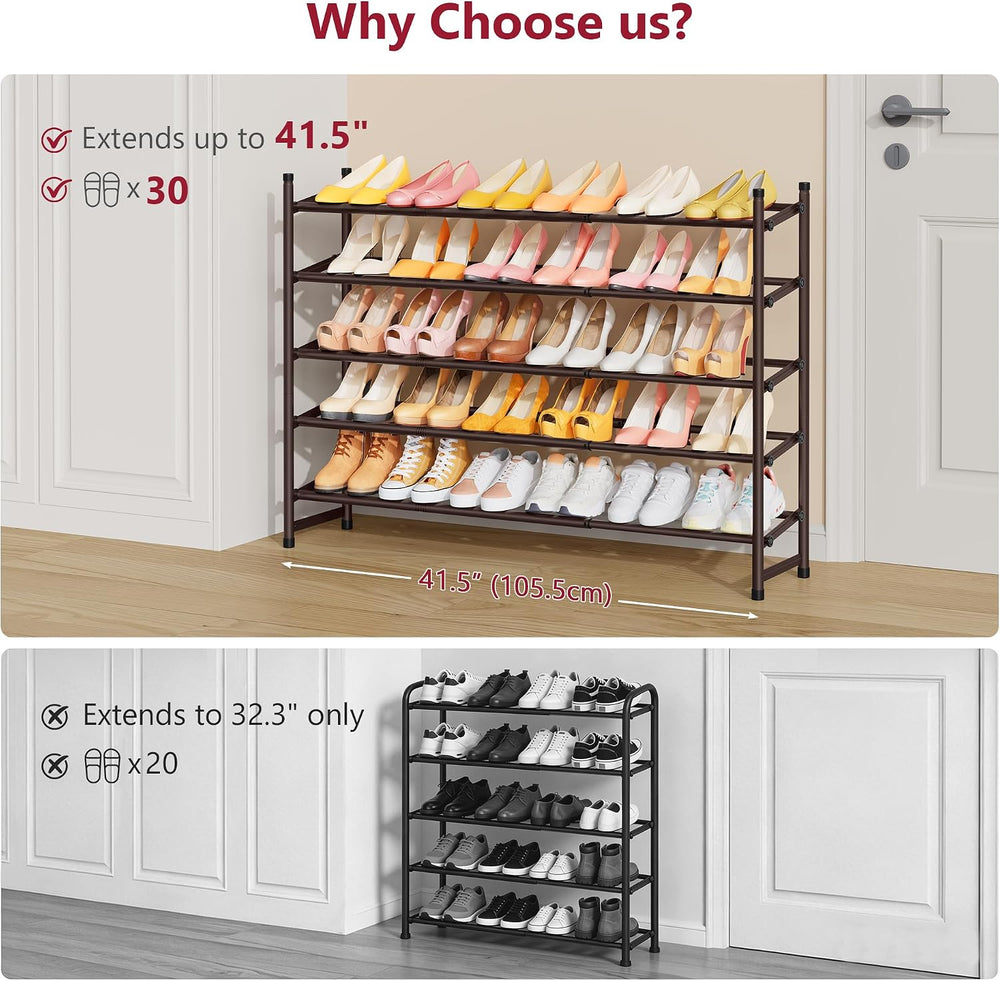 Tajsoon Expandable Shoe Rack for Closet 5 Tier, 28“-41“Stackable, Bronze