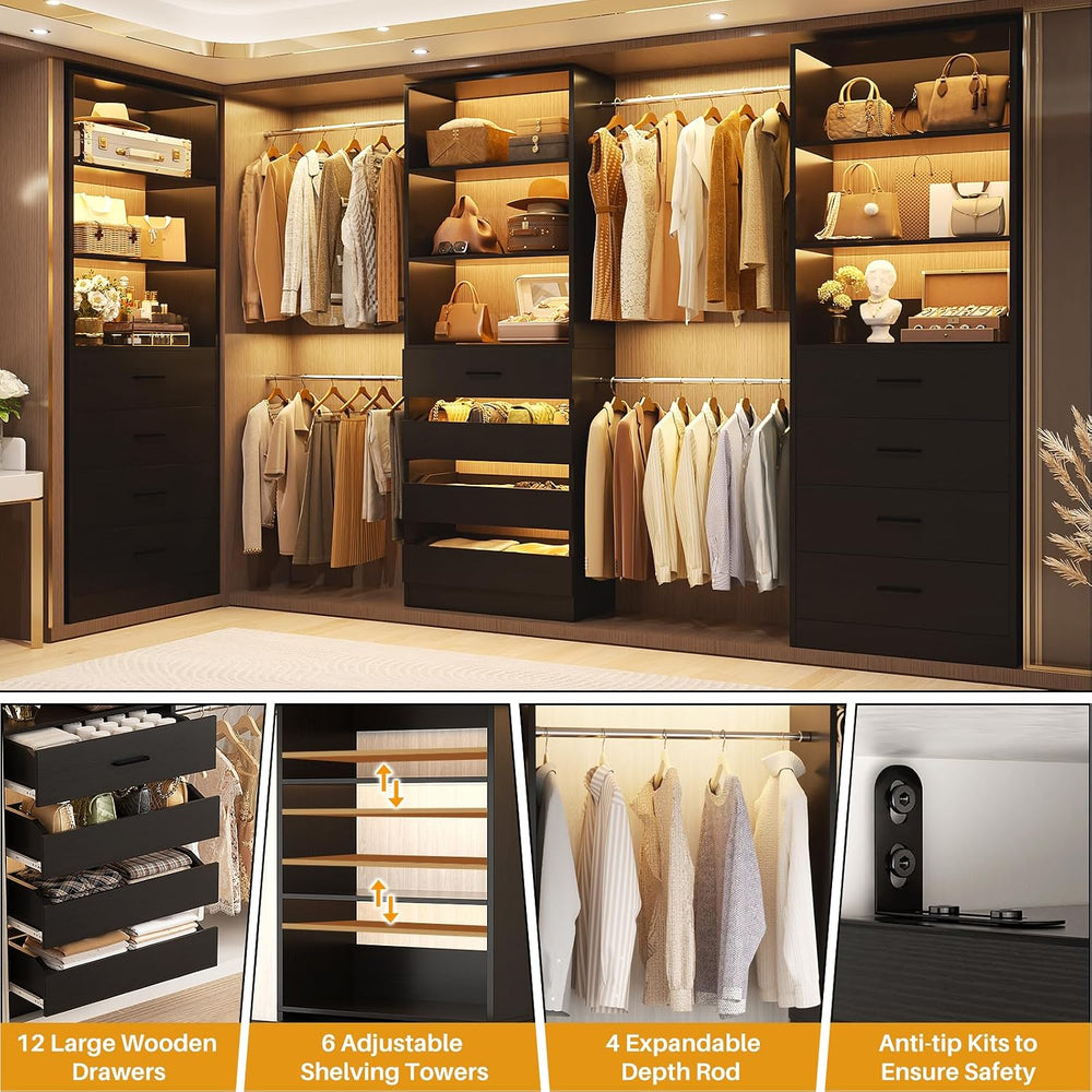 Aheaplus Closet System with 12 Drawers, 8.5-11.5Ft Wood Closet Organizer