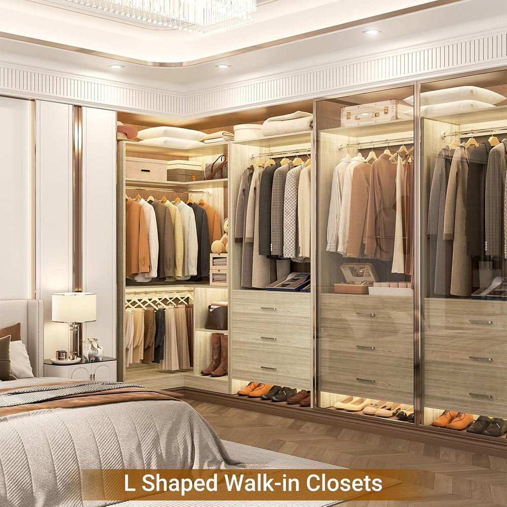 Aheaplus Closet System with 3 Drawers, L-Shaped Closet,Set of 2, White Oak