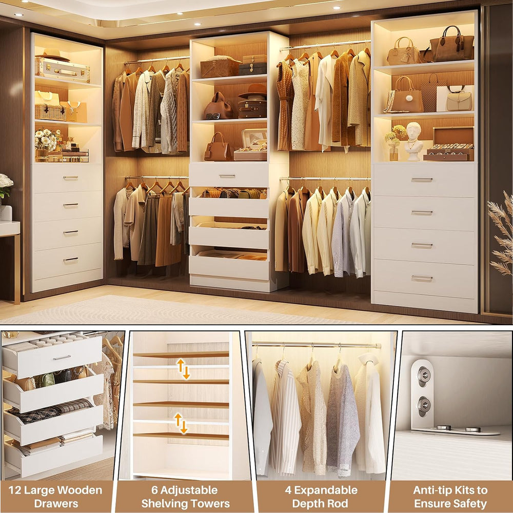 Aheaplus Closet System with 12 Drawers, 8.5-11.5Ft Closet Organizer System