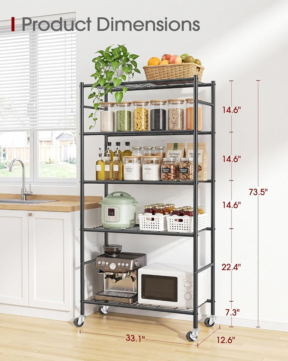Sakugi 5-Tier Storage Shelves 33.1" x12.6" x73.5" Black with W...