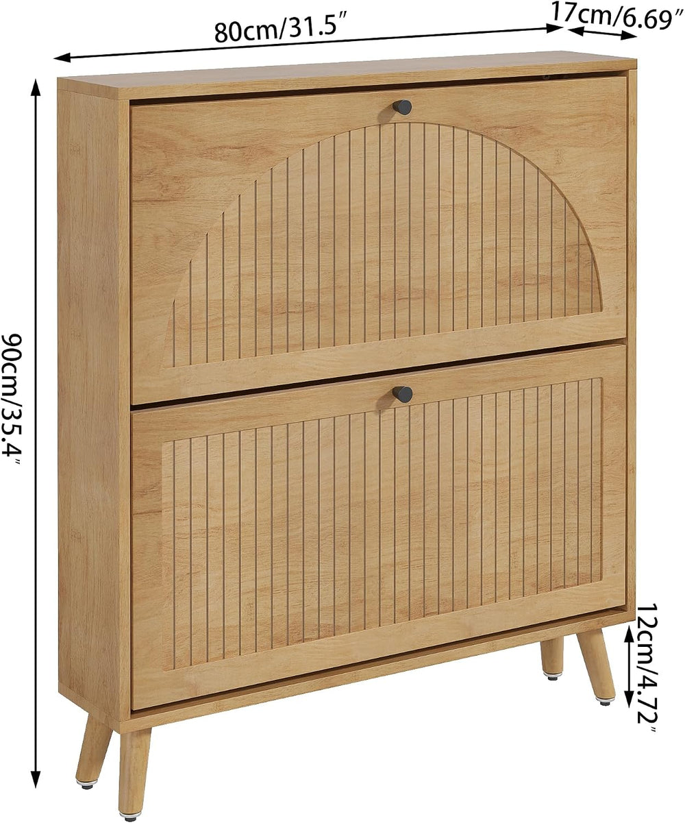 Fsbecl Shoe Storage Cabinet for Entryway with 2 Fluted Flip Drawers, Oak