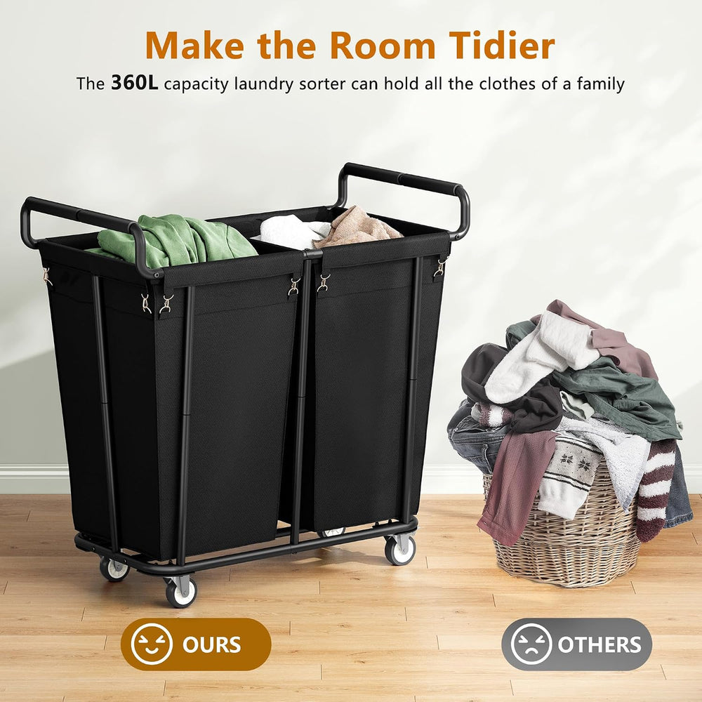 Gewudraw Heavy Duty Laundry Hamper with Wheels 2 Section, 360L, Black