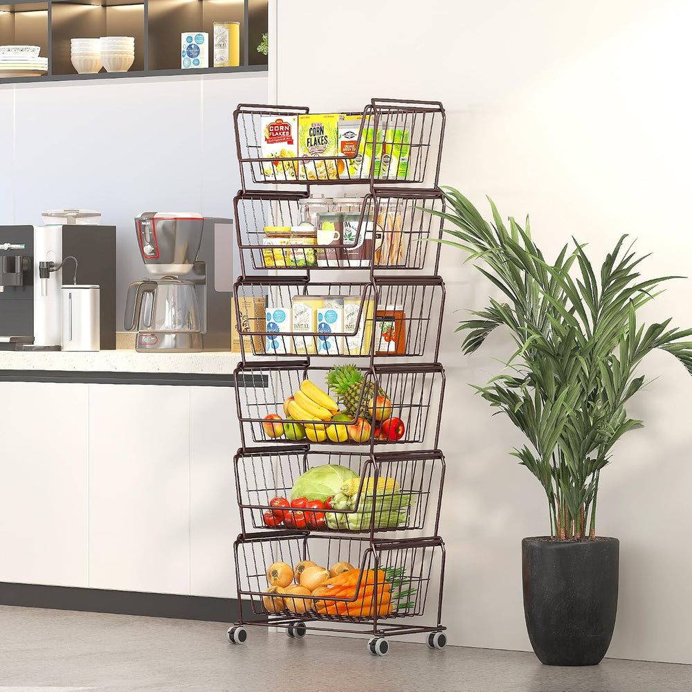 PUSDON 4-Tier Spacious Stackable Wire Storage Baskets with Wheels, Metal Roll...