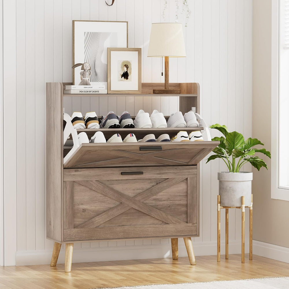 Homleke Farmhouse Shoe Storage Cabinet with Flip Drawers & Barn Door Design