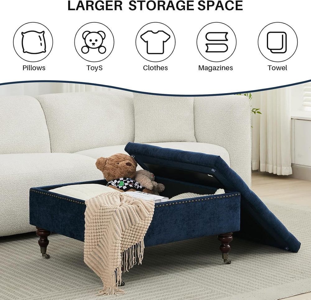 Large Square Storage Ottoman Tufted Button Coffee Table, Dark Blue