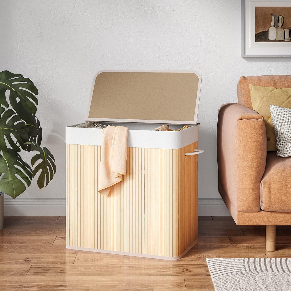 Mondeer Bamboo Laundry Basket Foldable with 3 Sections Storage Hamper with Re...