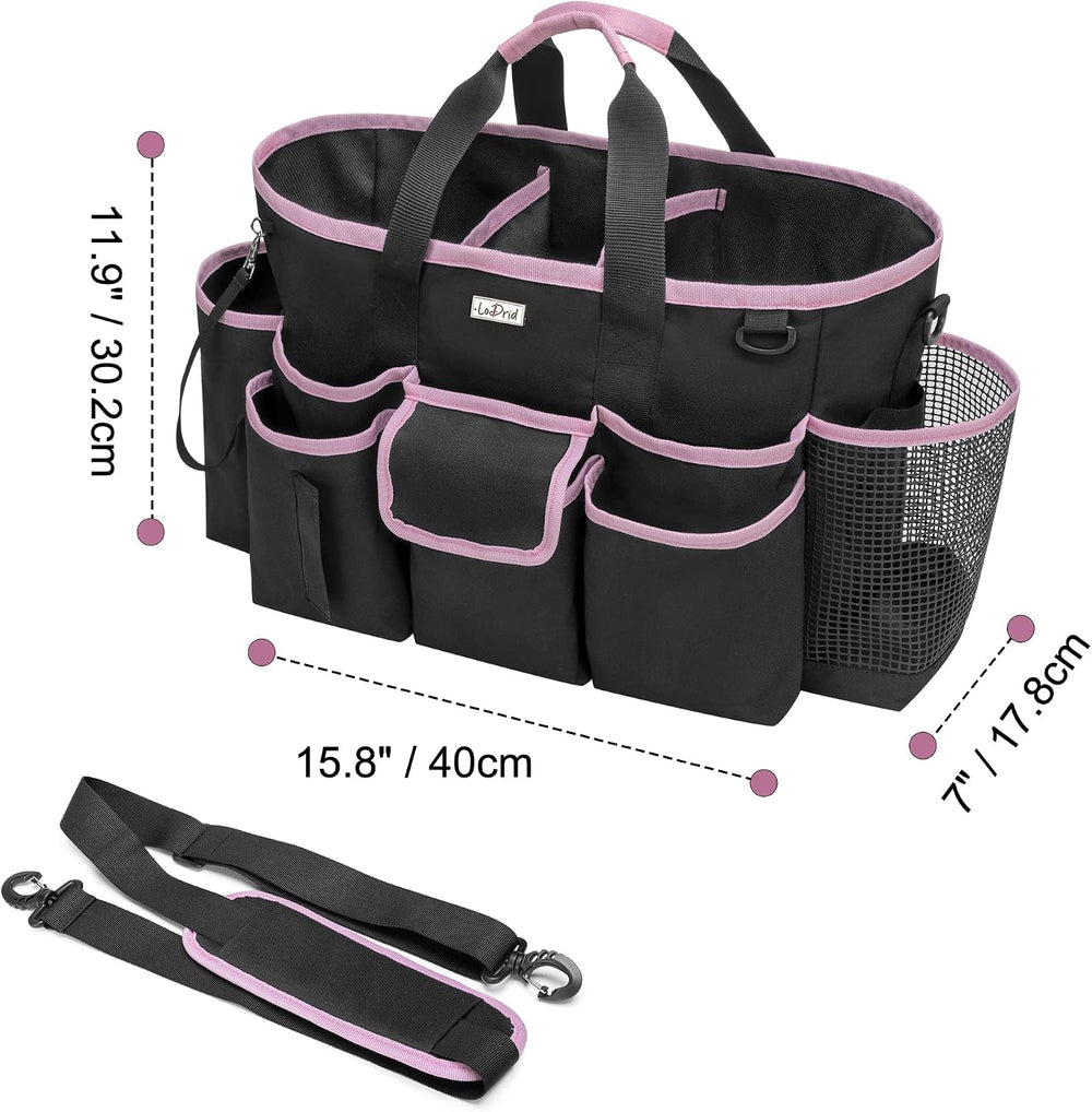 LoDrid Cleaning Caddy Bag with 3 Compartments and Shoulder Strap, Pink Edge