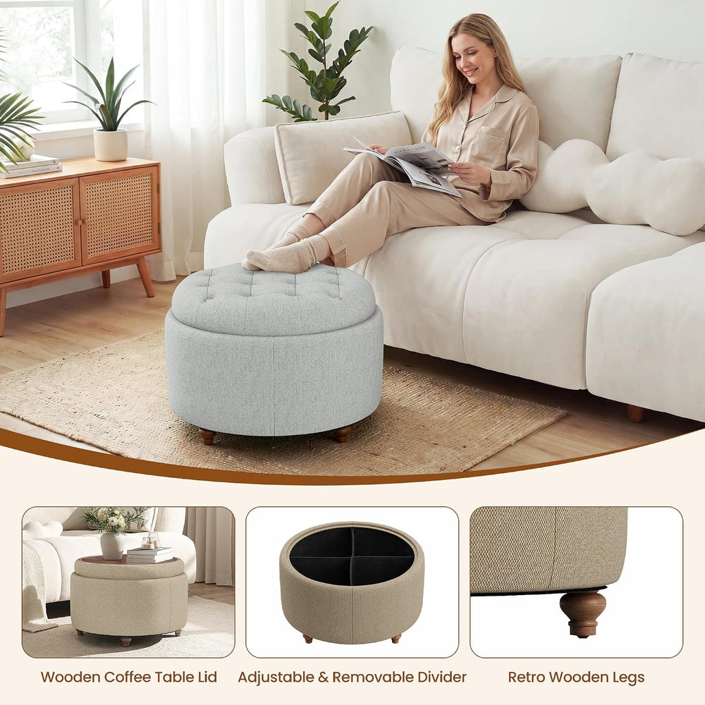 25" Round Ottoman with Storage, Small Coffee Table with Reversible Tray Lid