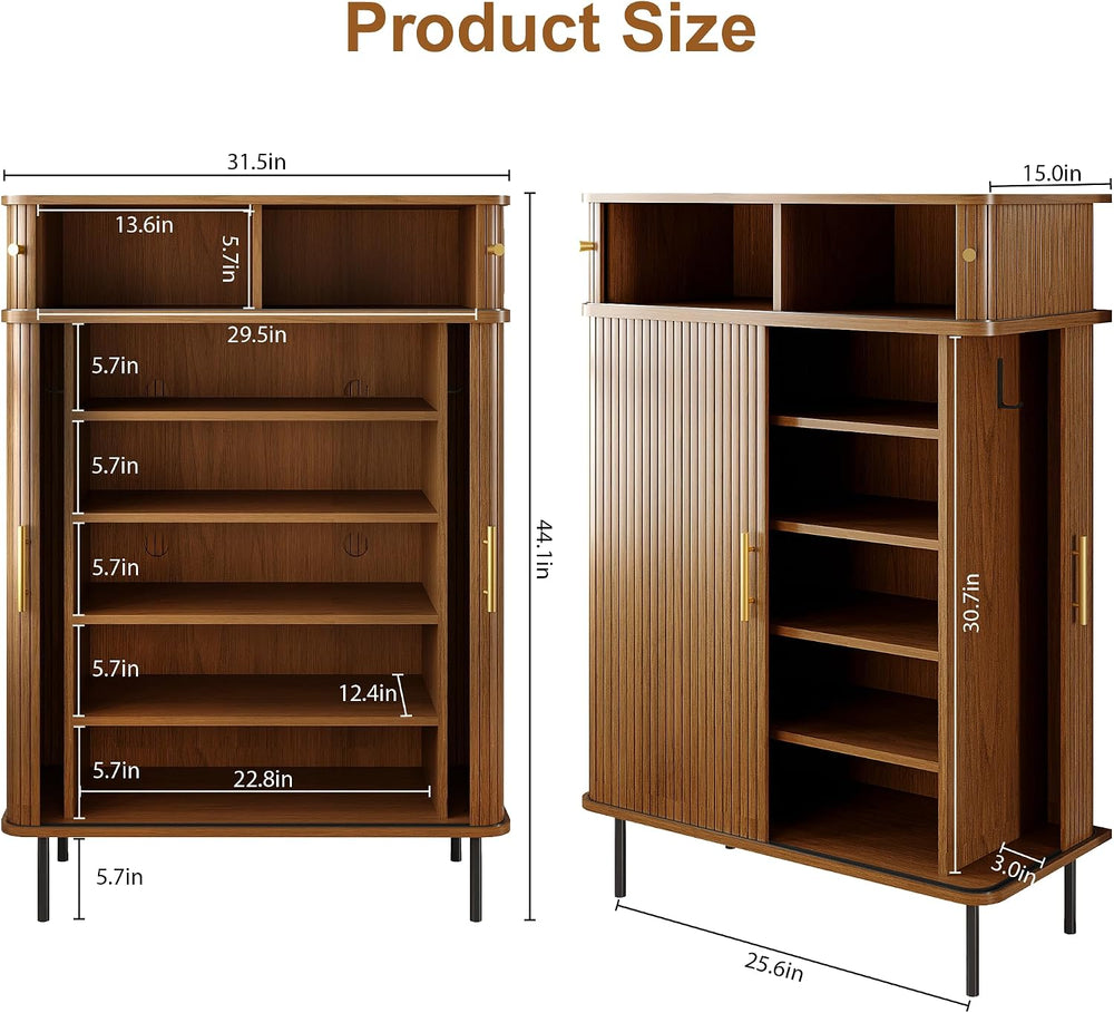 DreamDashio 5-Tier Shoe Cabinet with Tambour Sliding Door, Set of 2, Walnut