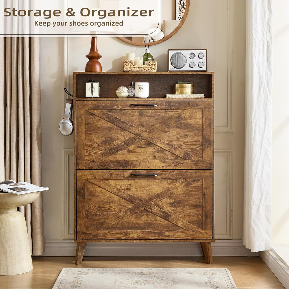Joaxswe Narrow Shoe Cabinet with 2 Flip Drawers for Entryway,Rustic Brown