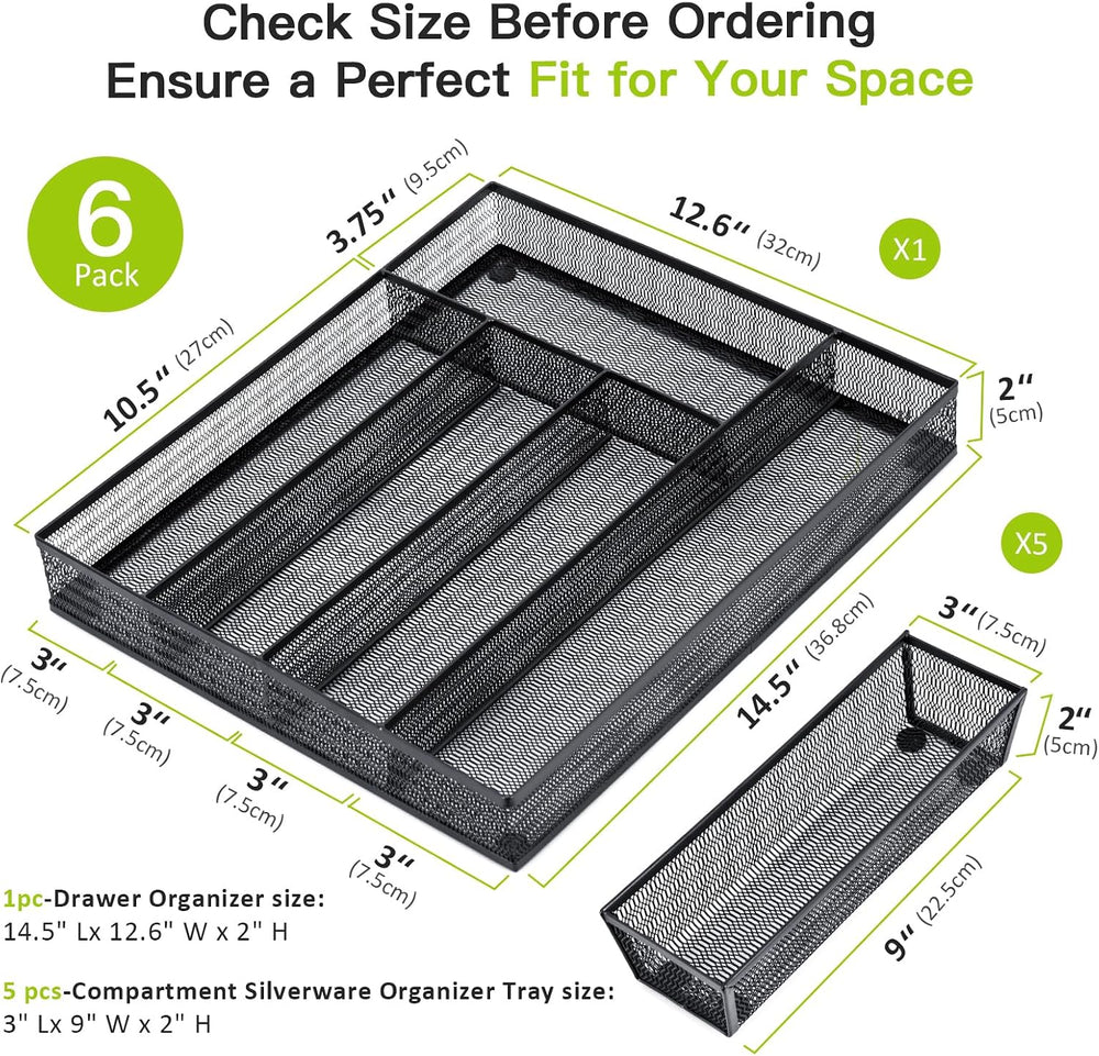 Neudeco Drawer Organizer Set, Black Mesh, 6 Pack