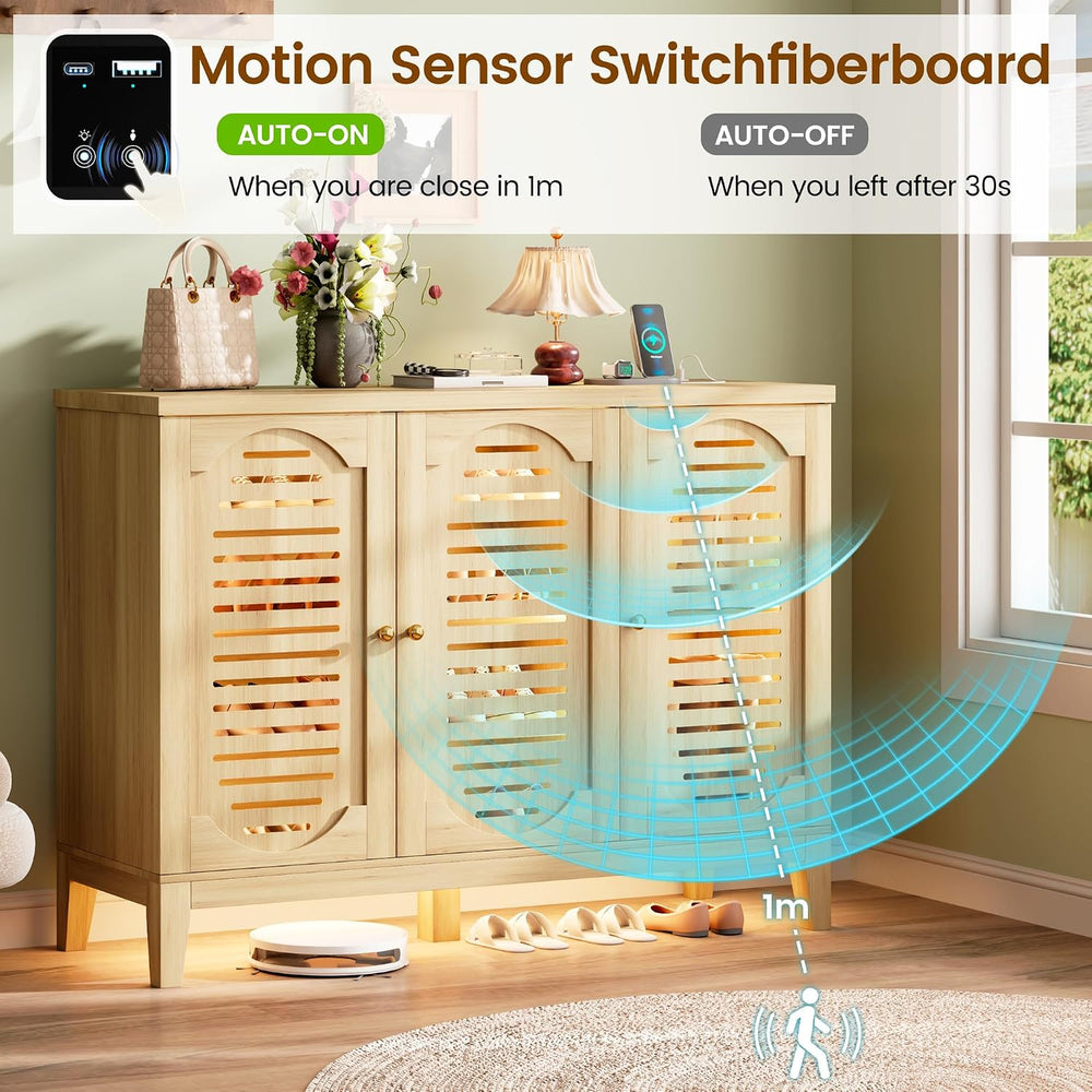 Vlsrka Shoe Storage Cabinet with Slatted Doors and Motion Sensor Lights
