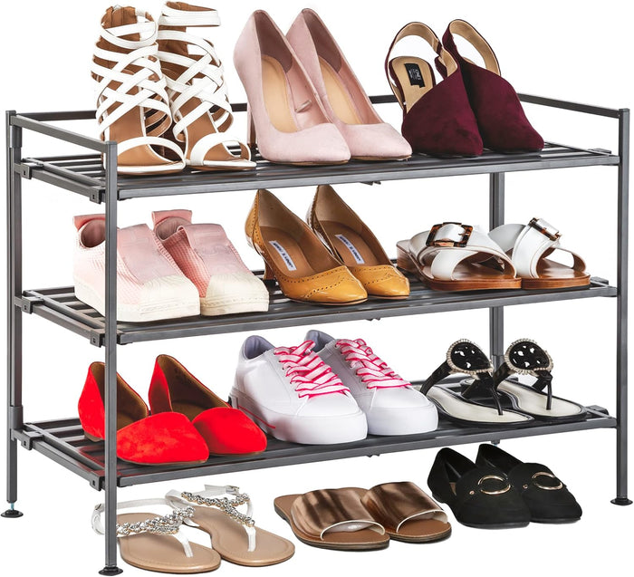 3-Tier Stackable 1" Slat Steel Frame Shoe Rack, 27.25"W x 12.75"D, Ash Gray