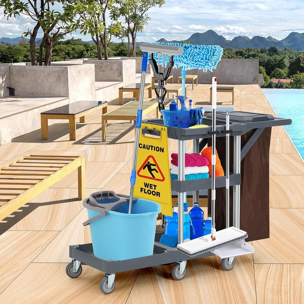 Commercial Janitorial Cart with Wheels, 3 Shelf Cleaning Trolley Cart with 16...