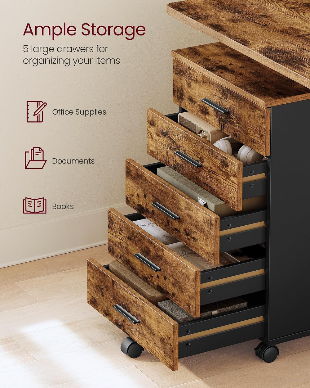 VASAGLE File Cabinet, Mobile Pedestal Filing Cabinet with Wheels