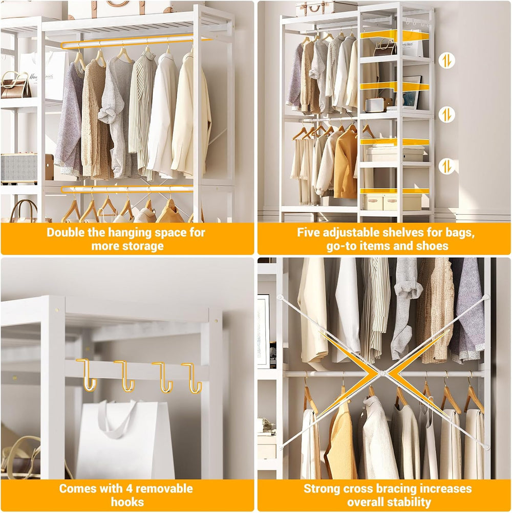 Homykic Bamboo Closet System, 41.4” Wide Clothing Rack, 78.8”H, Pure White