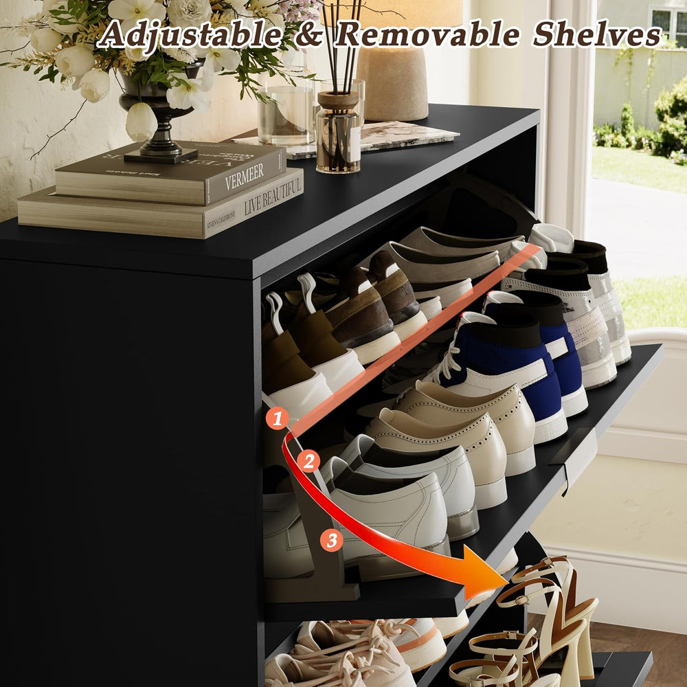 Shoe Storage Cabinet with 2 Flip Drawers, Narrow Wood Shoe Organizer Cabinet ...