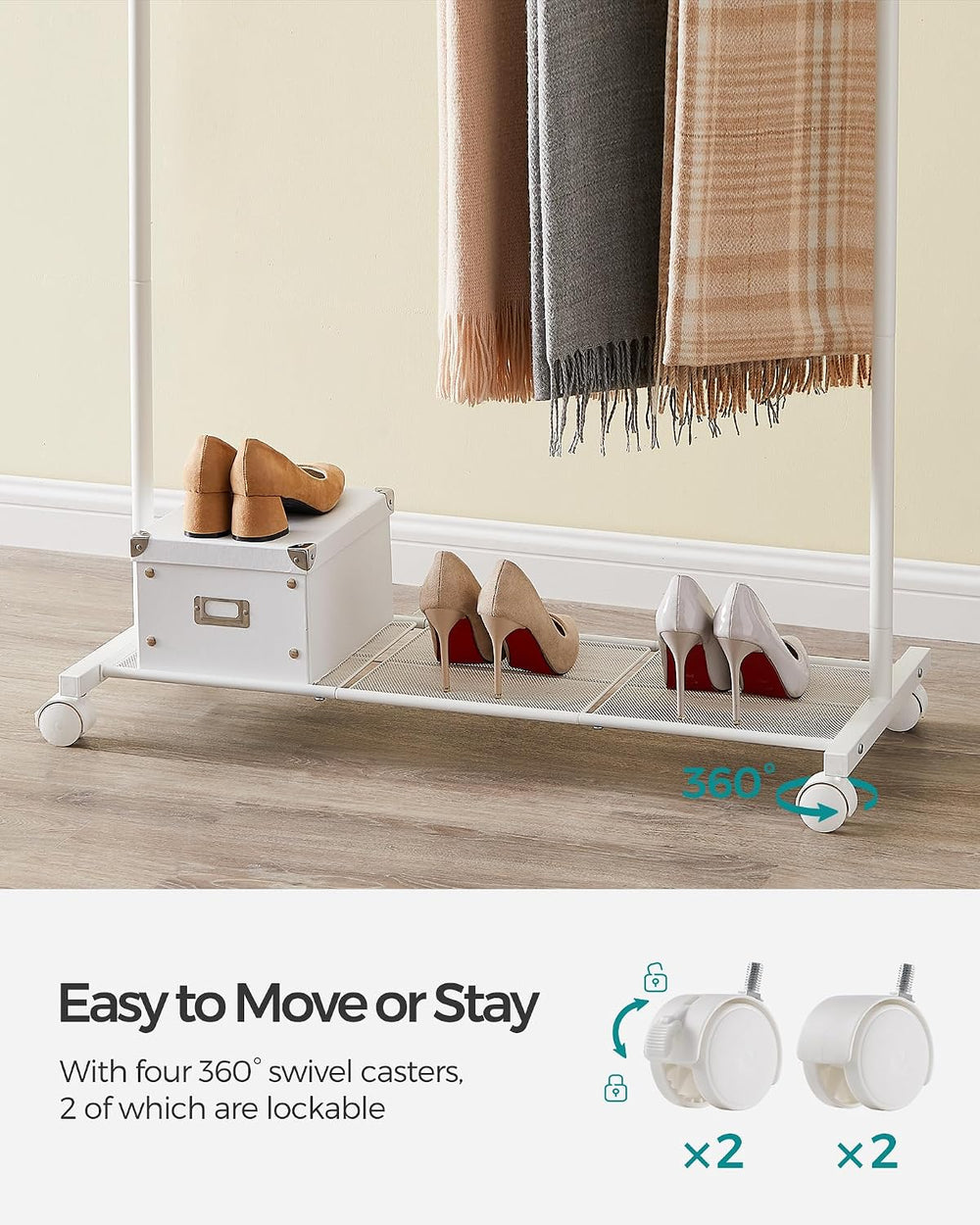 SONGMICS Clothes Rack with Wheels, Metal Garment Rack, Mesh Storage Shelf