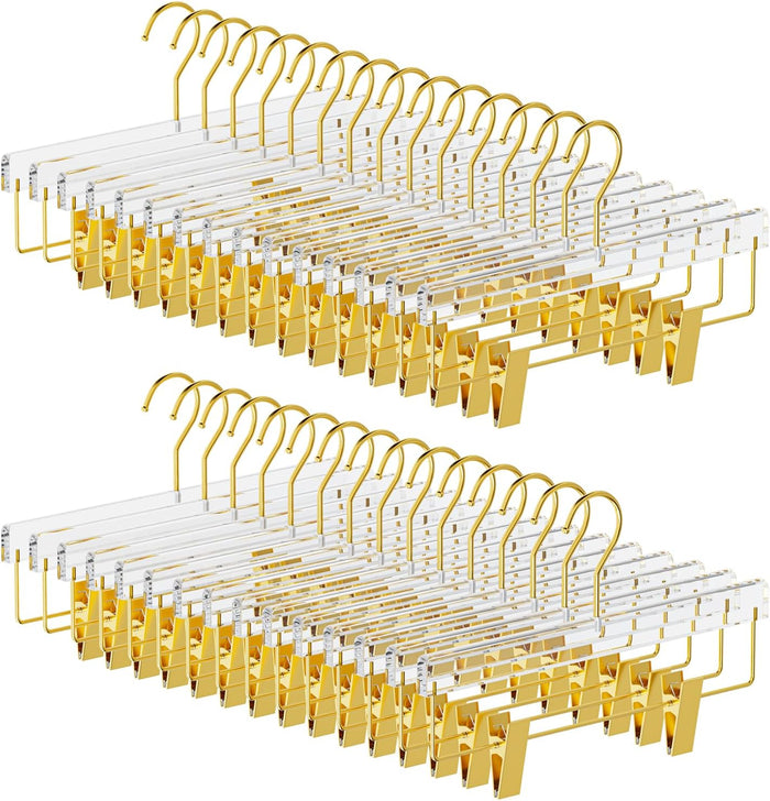Gold Acrylic Pants Hangers 30 Pack with Adjustable Clips