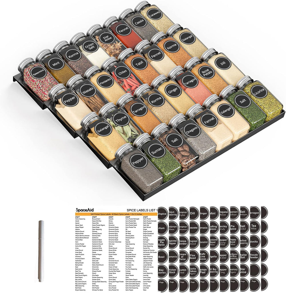 SpaceAid Spice Drawer Organizer with 32 Spice Jars, 386 Spice Labels, 4 Tier ...