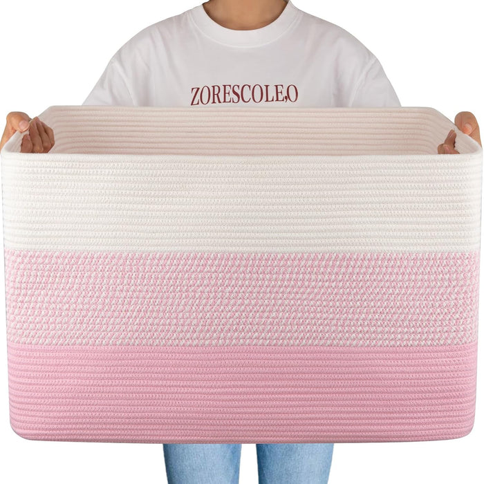 OIAHOMY 108L Extra Large Blanket Basket Dog Toy Basket Pink&White | Rectangle Woven Baskets for Storage Cotton Rope Basket For Living Room Toy Storage Blanket Storage Laundry Basket