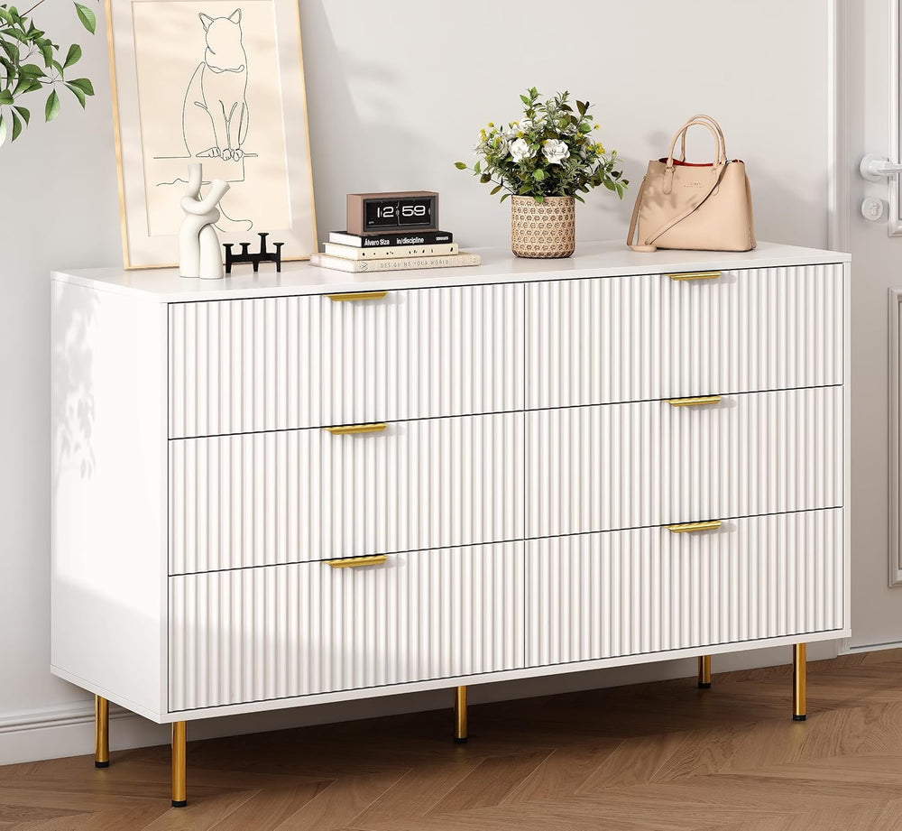56" Wide Modern White Fluted 6 Drawers Dresser for Bedroom with Gold Handle