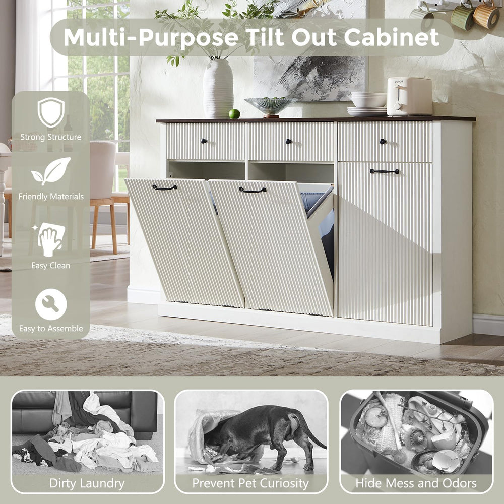 IFBUY Triple Tilt Out Laundry Hamper Cabinet, Modern Fluted Trash Can Cabinet...