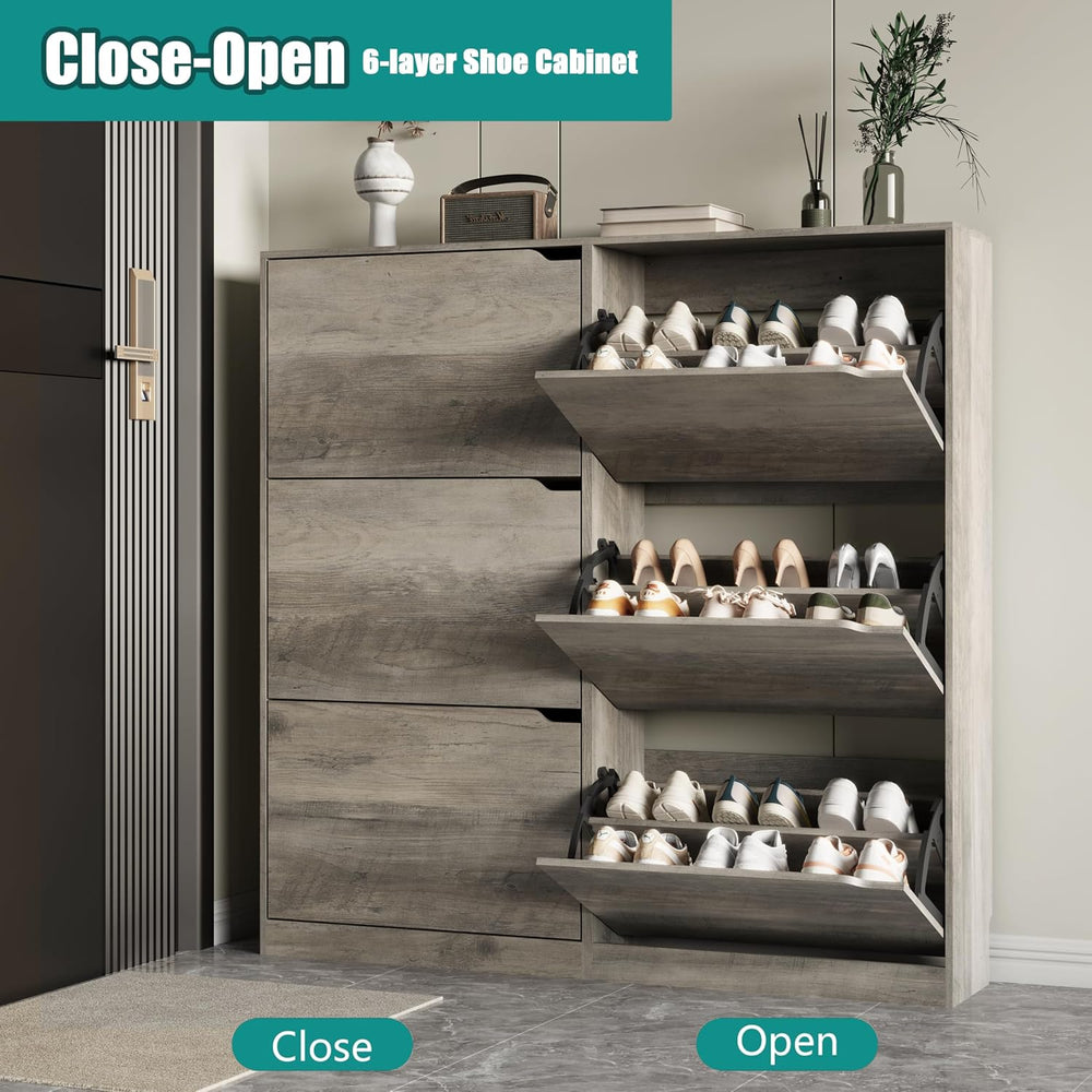 Xixini Shoe Storage Cabinet for Entryway with 6 Flip Drawers, Sturdy Wood Hid...