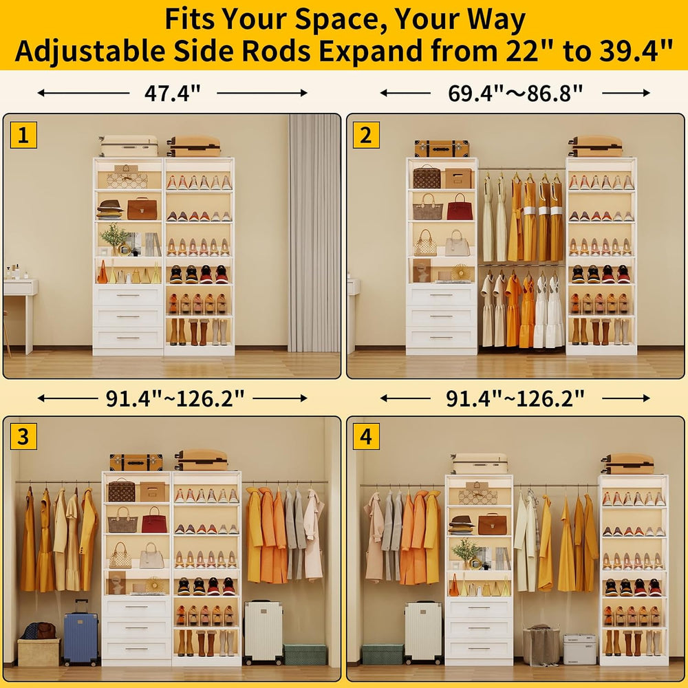 Closet System with Drawers, 4FT-10FT Closet Shelving System Modular Walk in C...