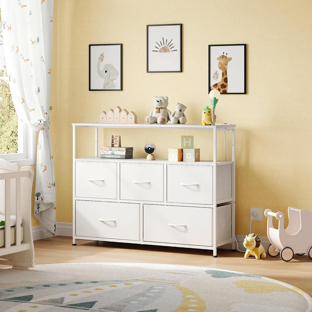 WLIVE White Dresser for Bedroom with 5 Drawers，Fabric Dresser with Charging S...