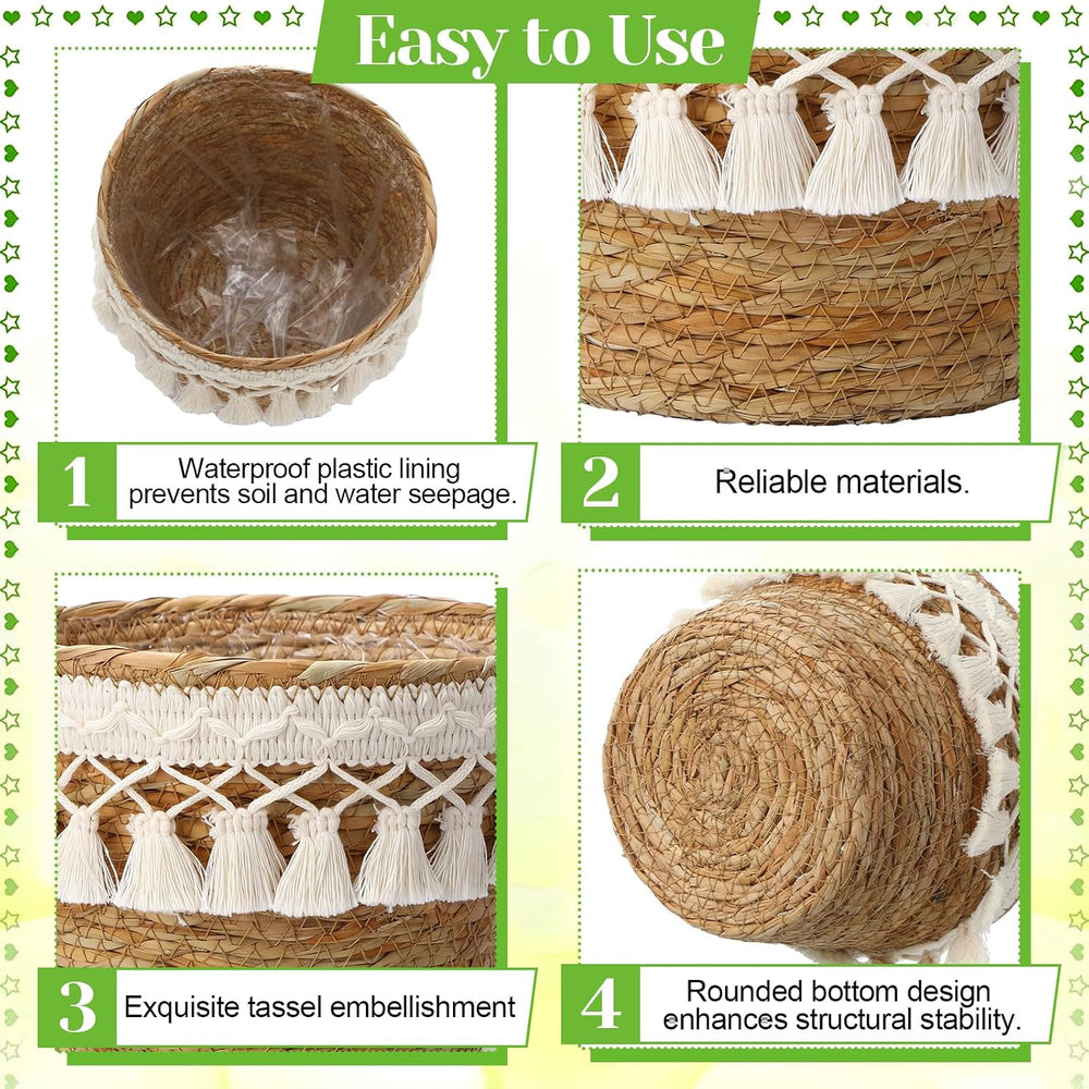 4 Pcs Straw Plant Baskets Indoor Rattan Woven Flower Baskets with Plastic Lin...