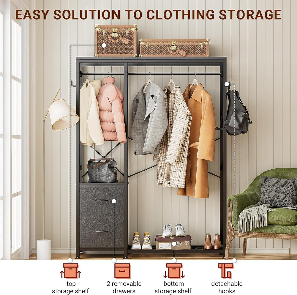 Lulive Clothes Rack with 2 Rods, Shelves, Drawers & Hooks, Garment Rack