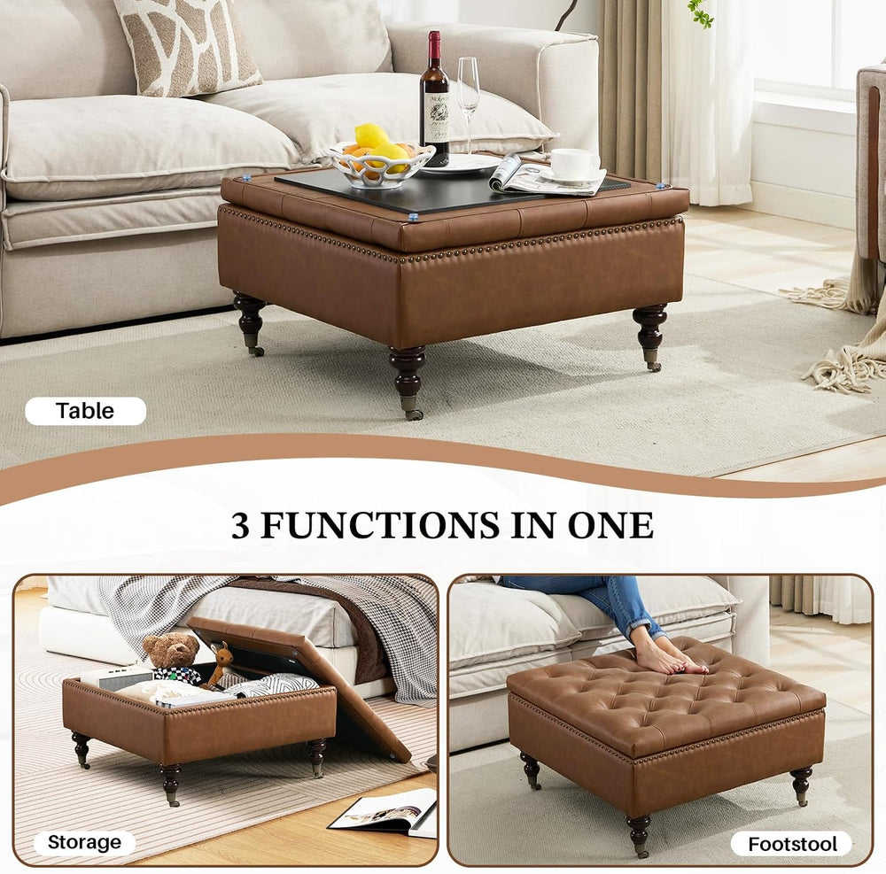 Square Ottoman Coffee Table, Large Leather Ottoman with Storage