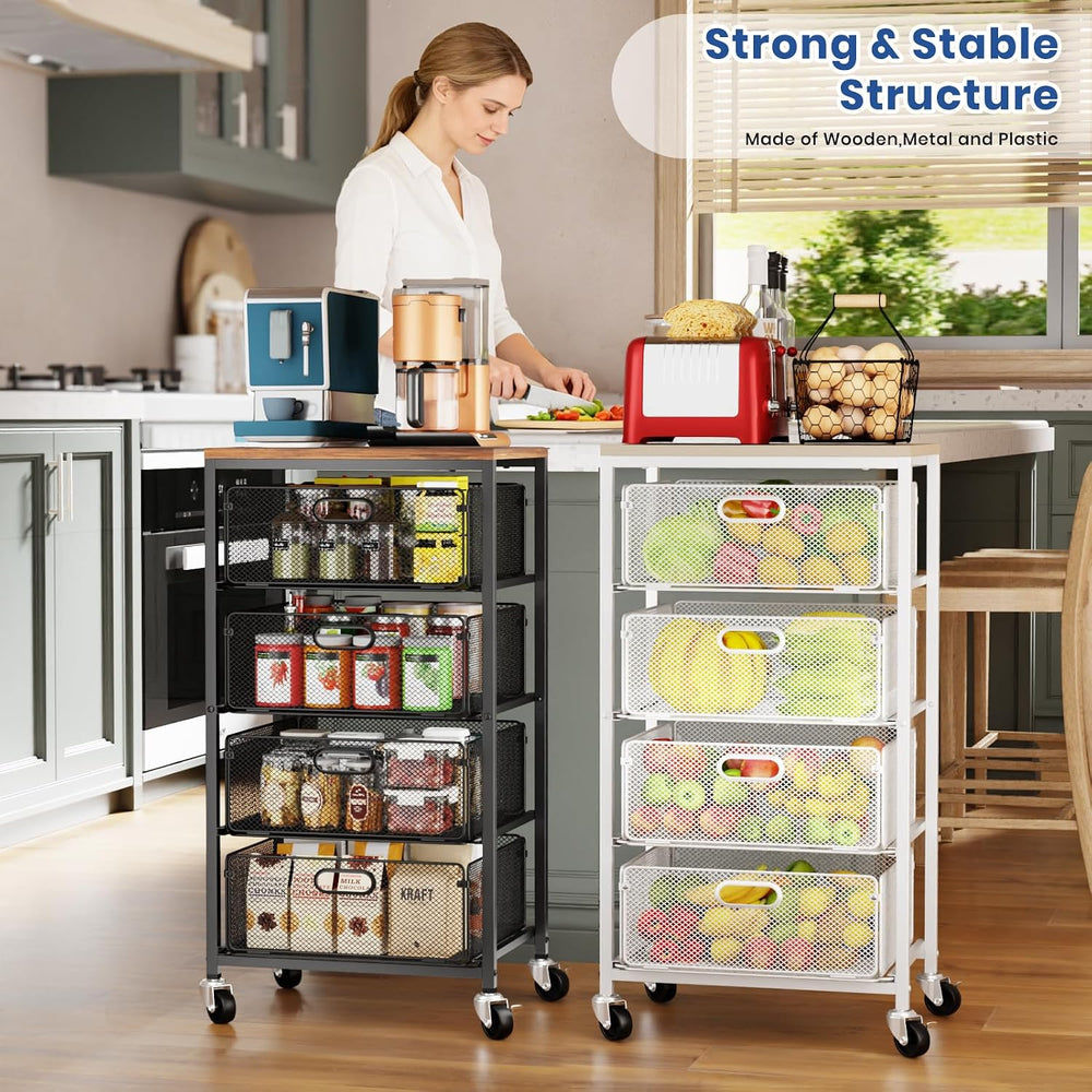 Goovilla Kitchen Cart with Drawers, Lockable Wheels with Wooden Top, Black