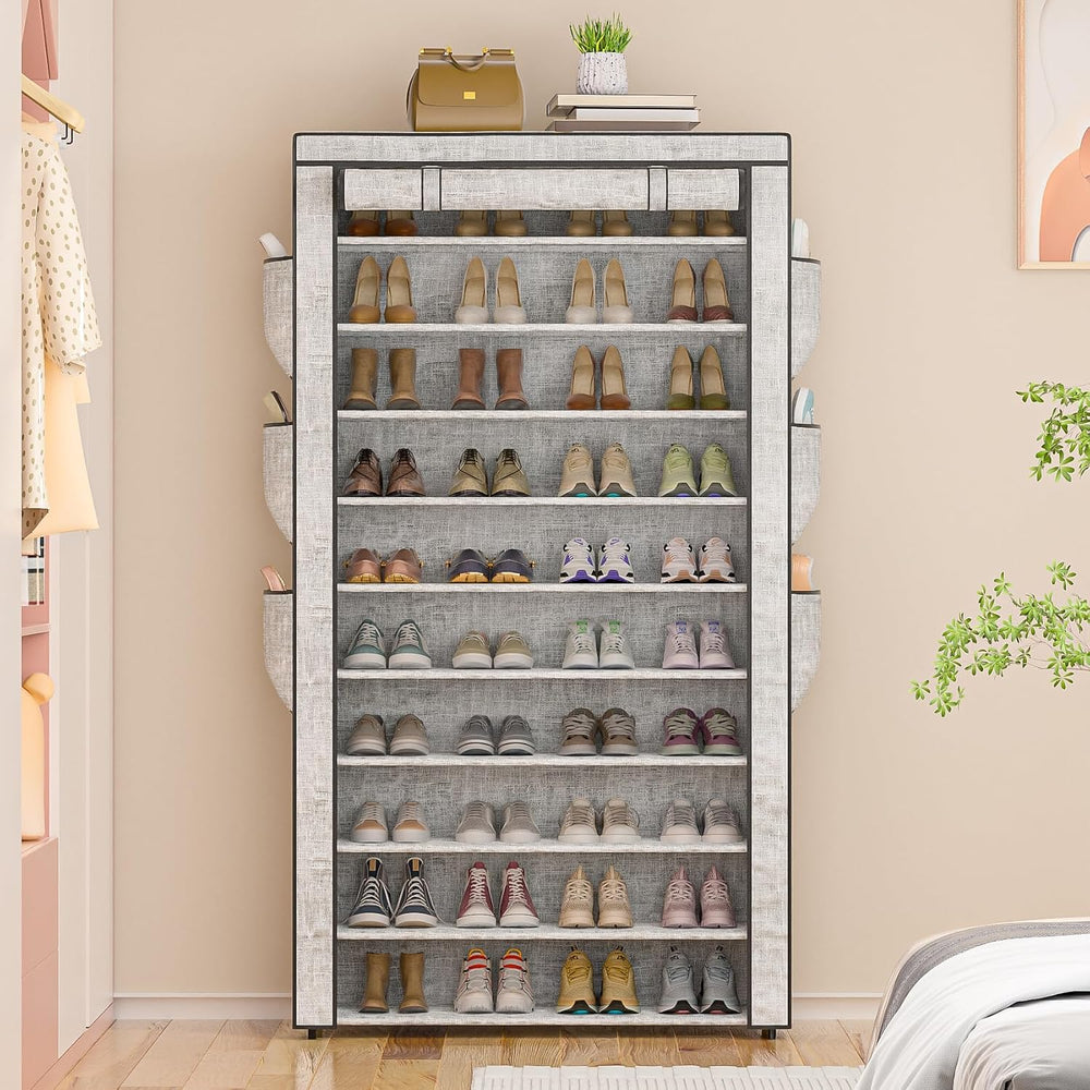 Shoe Rack Dustproof Sturdy 10Tier Tall Large Storage with Side Pocket