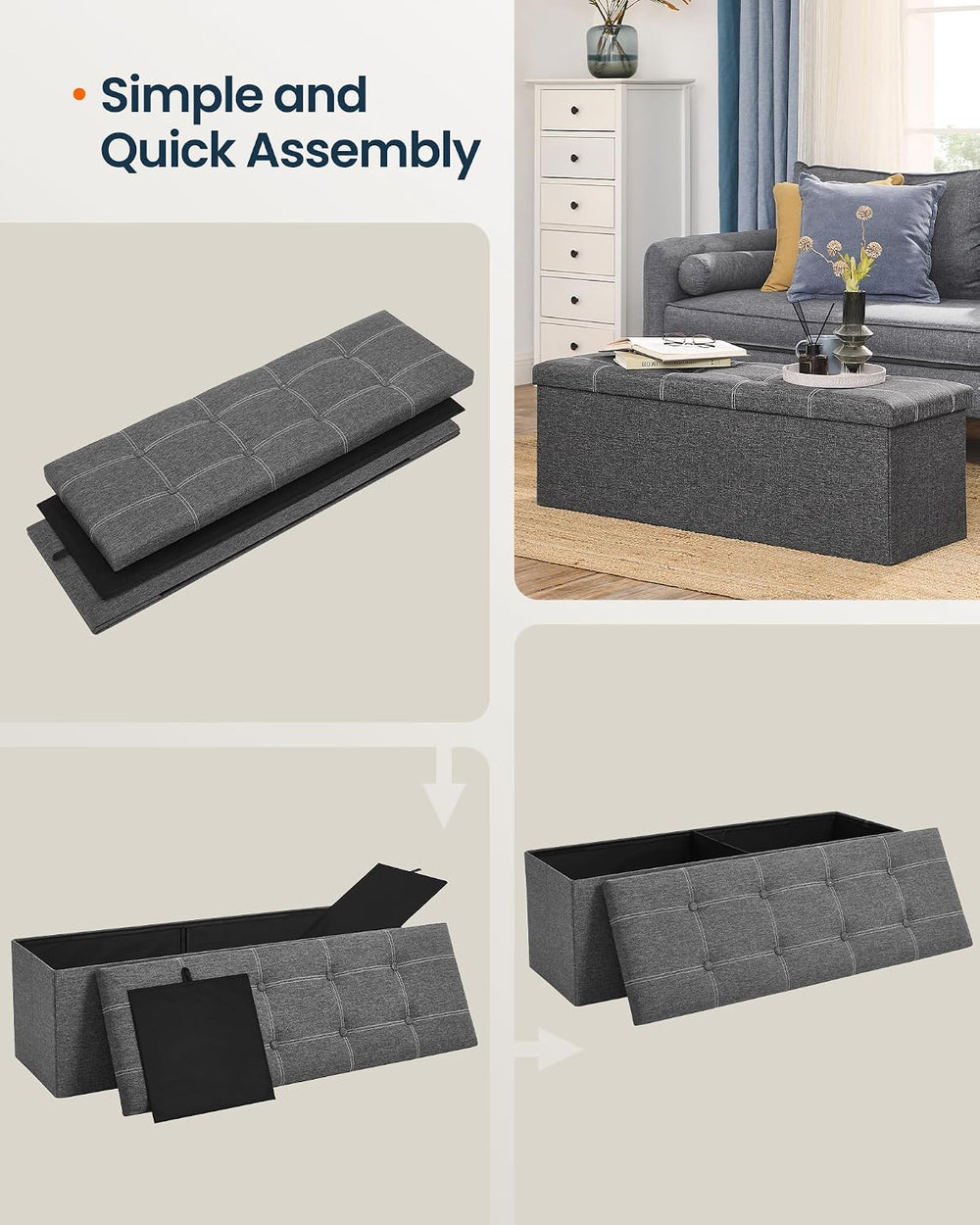 SONGMICS HOME Storage Ottoman, 35 Gallons End of Bench, 15.2 x 43.2 x 15.2 In...