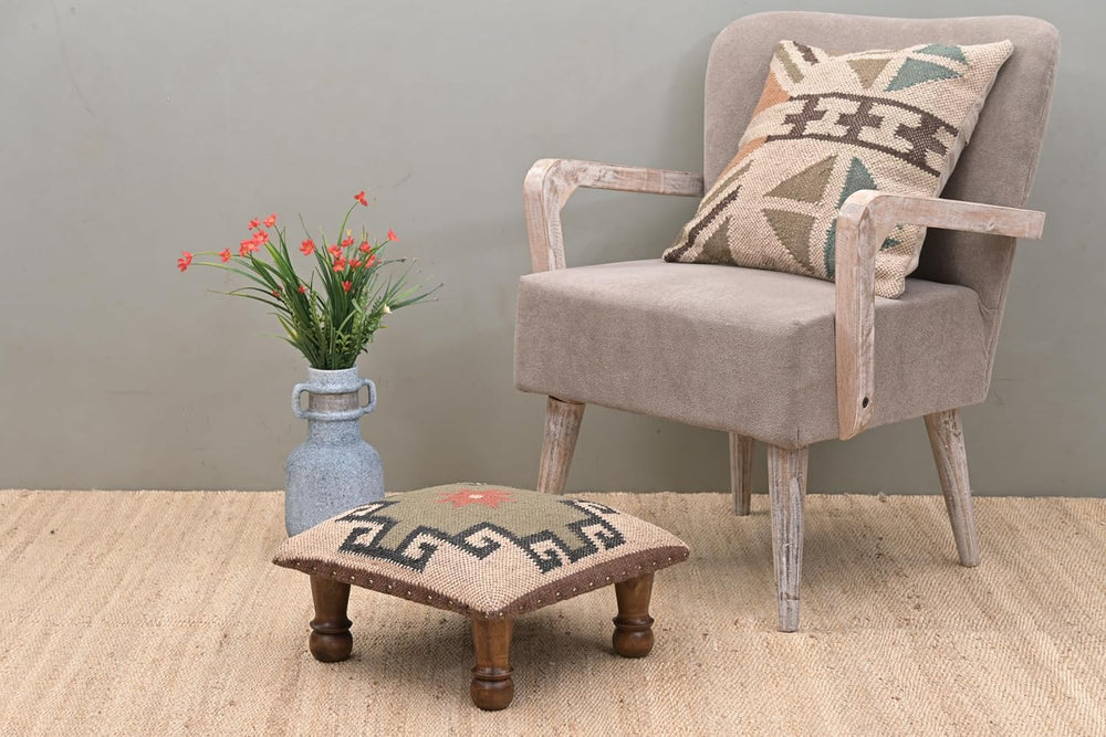 Upholstered Ottoman Footstool with Tribal Aztec Fabric | Rustic Wooden Accent...