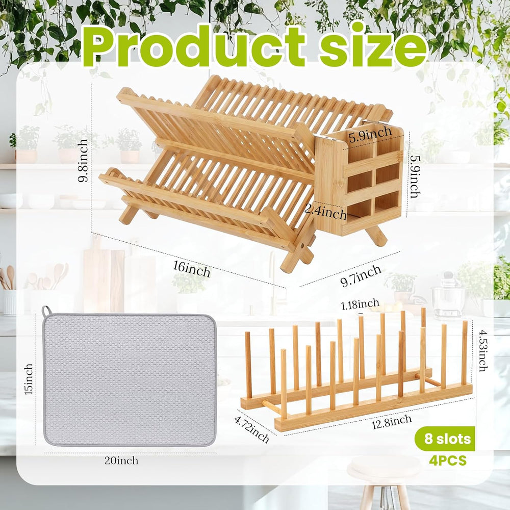 6 Pcs Plate Organizer Set for Cabinet 2 Tier Bamboo Collapsible Dish Rack wit...